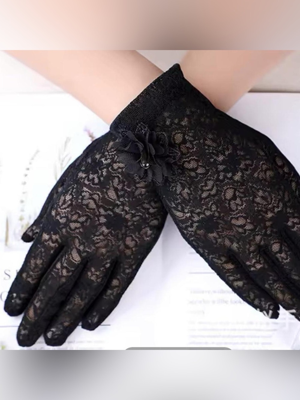 Elegant Black Lace Gloves with Floral Accent - Women Accessories